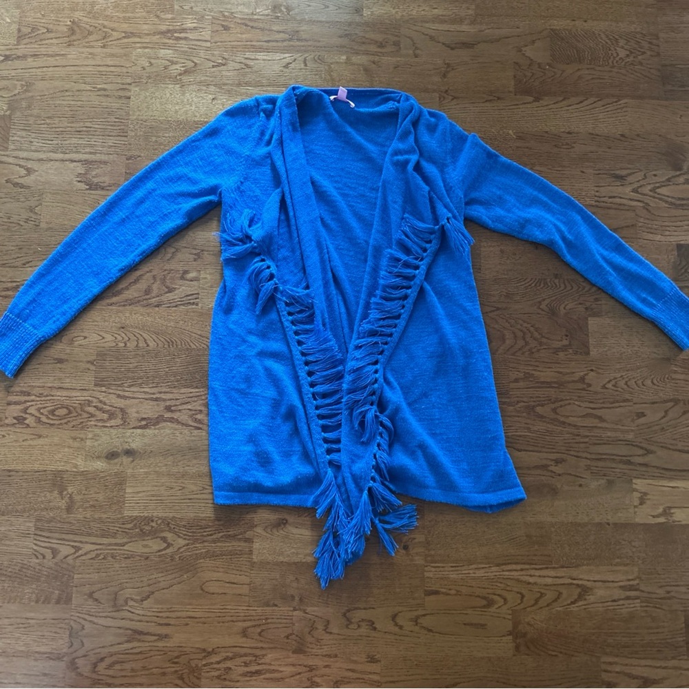 Lilly Pulitzer Lucita Cardigan Sweater Women Knit Open Lapis Blue Tassel Fringe